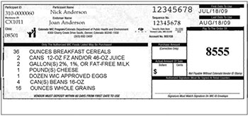 Texas WIC check or voucher to purchase WIC approved foods
